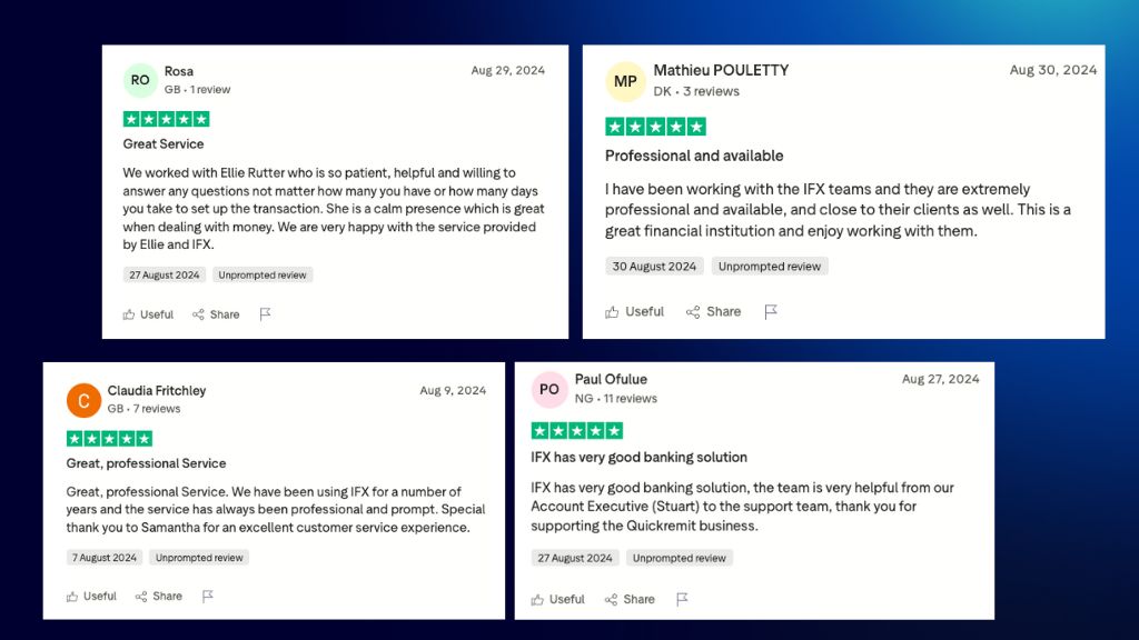 Examples of IFX Payments Trustpilot reviews