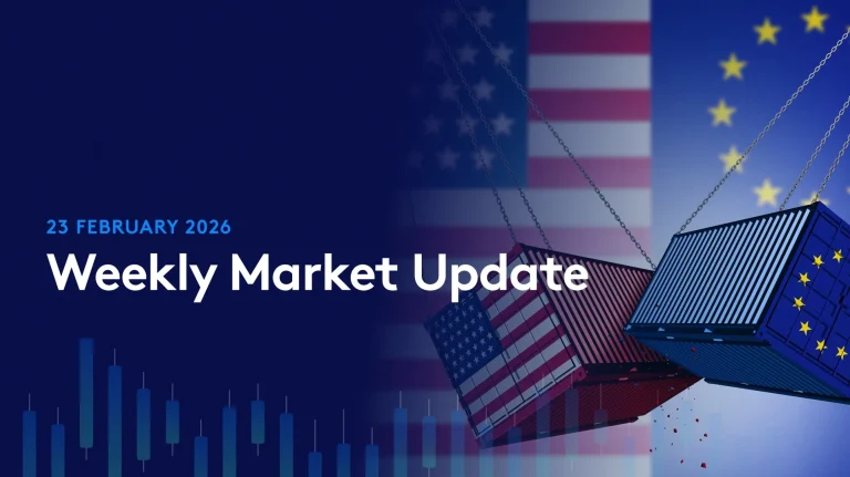 Website banner image showing two containers clashing signifying trade tensions between US and EU. The market update goes into detail about currency markets like EUR and USD.