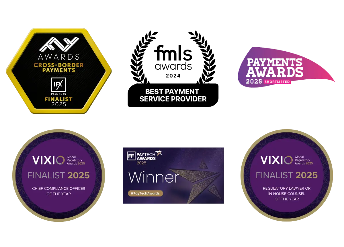 Collection of industry award badges for IFX Payments from 2024 and 2025
