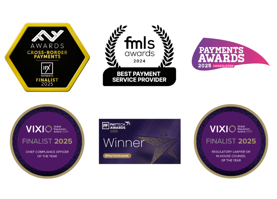 Collection of industry award badges for IFX Payments from 2024 and 2025