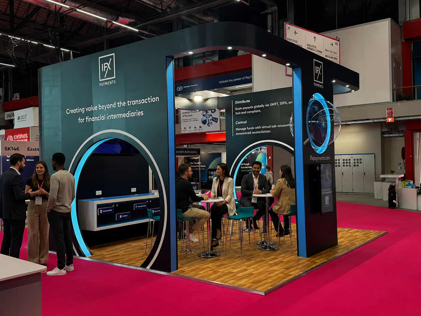 The IFX Payments stand at Money20/20, showing business people talking.