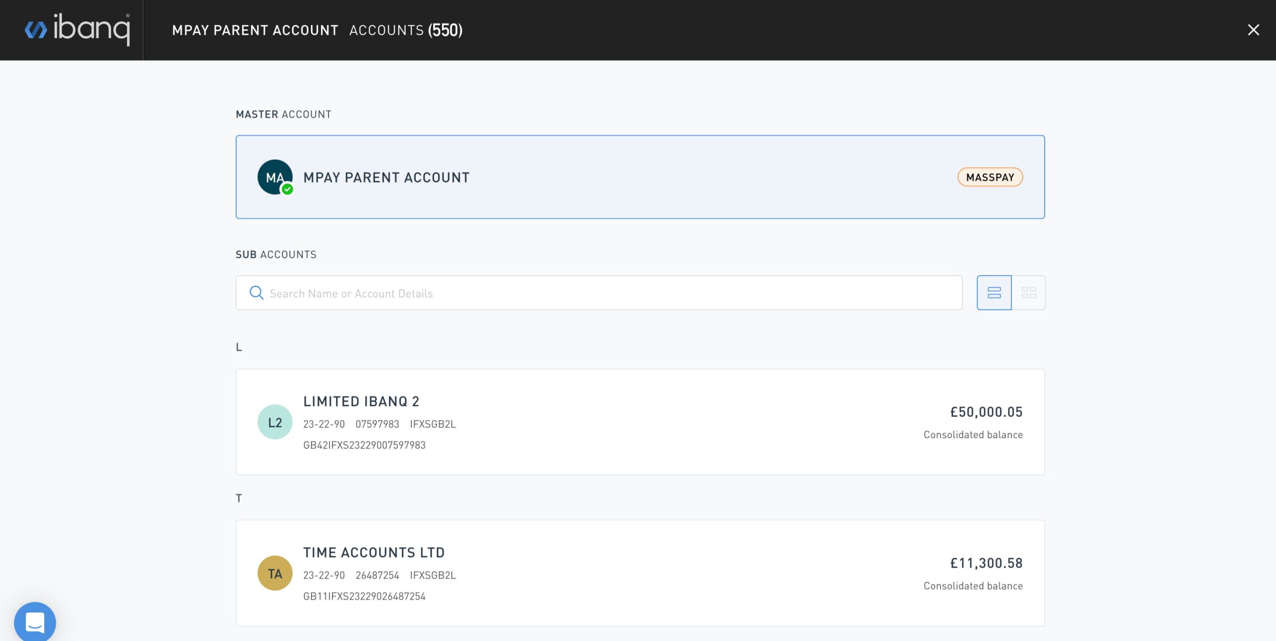 Screenshot of an ibanq sub-accounts page. Not real accounts.