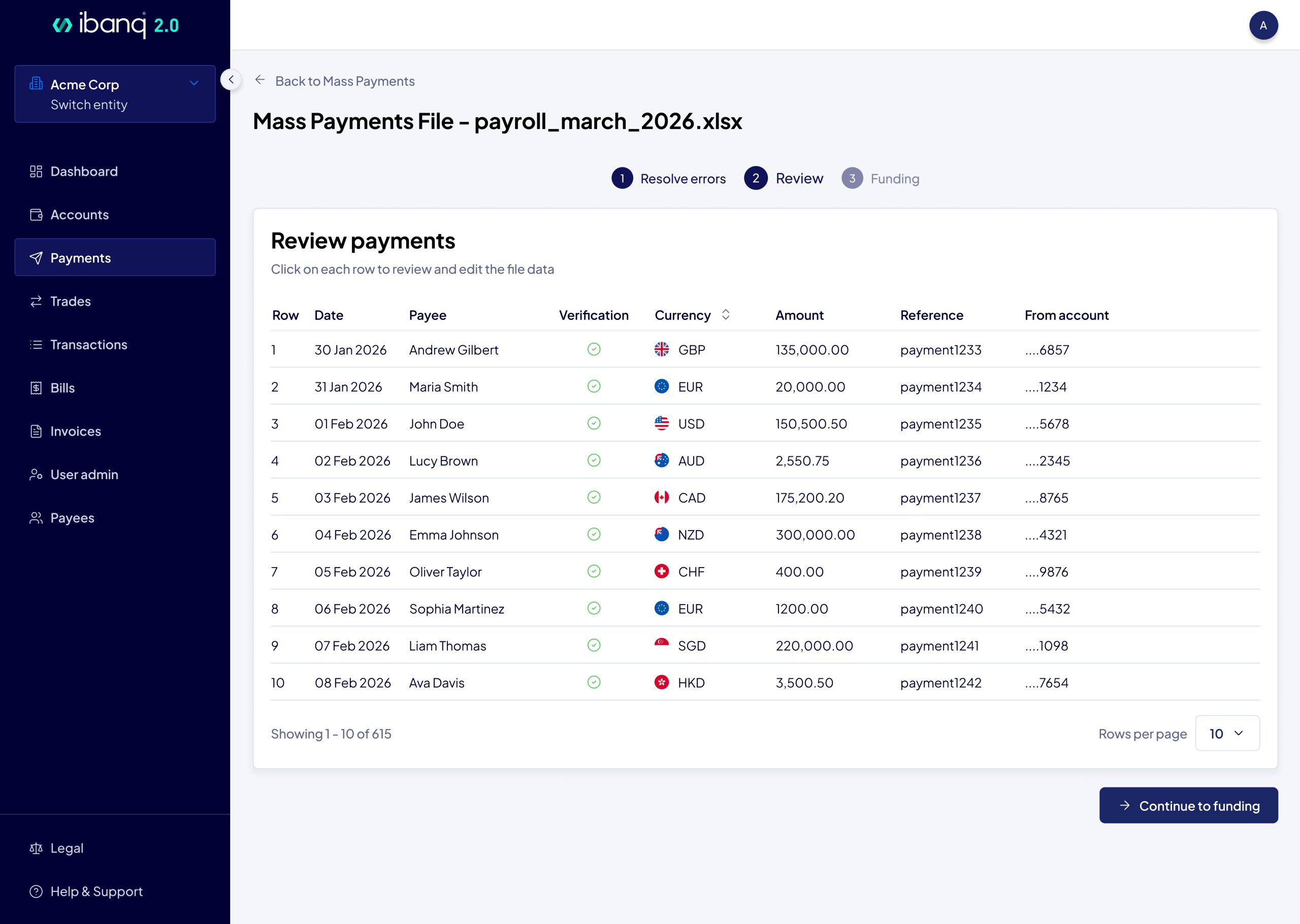 A screenshot showing the mass payments function of the ibanq platform