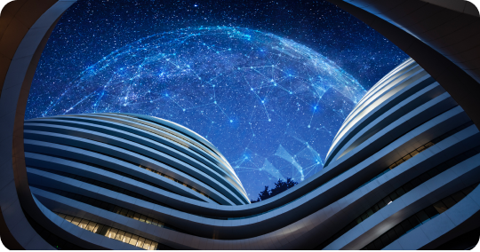 Modern financial institutional building framing a network of connected points